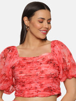Load image into Gallery viewer, IS.U Floral Coral Ruching Detail Crop Top