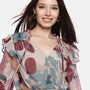 IS.U Floral  Abstract Smocked- Sleeve Top