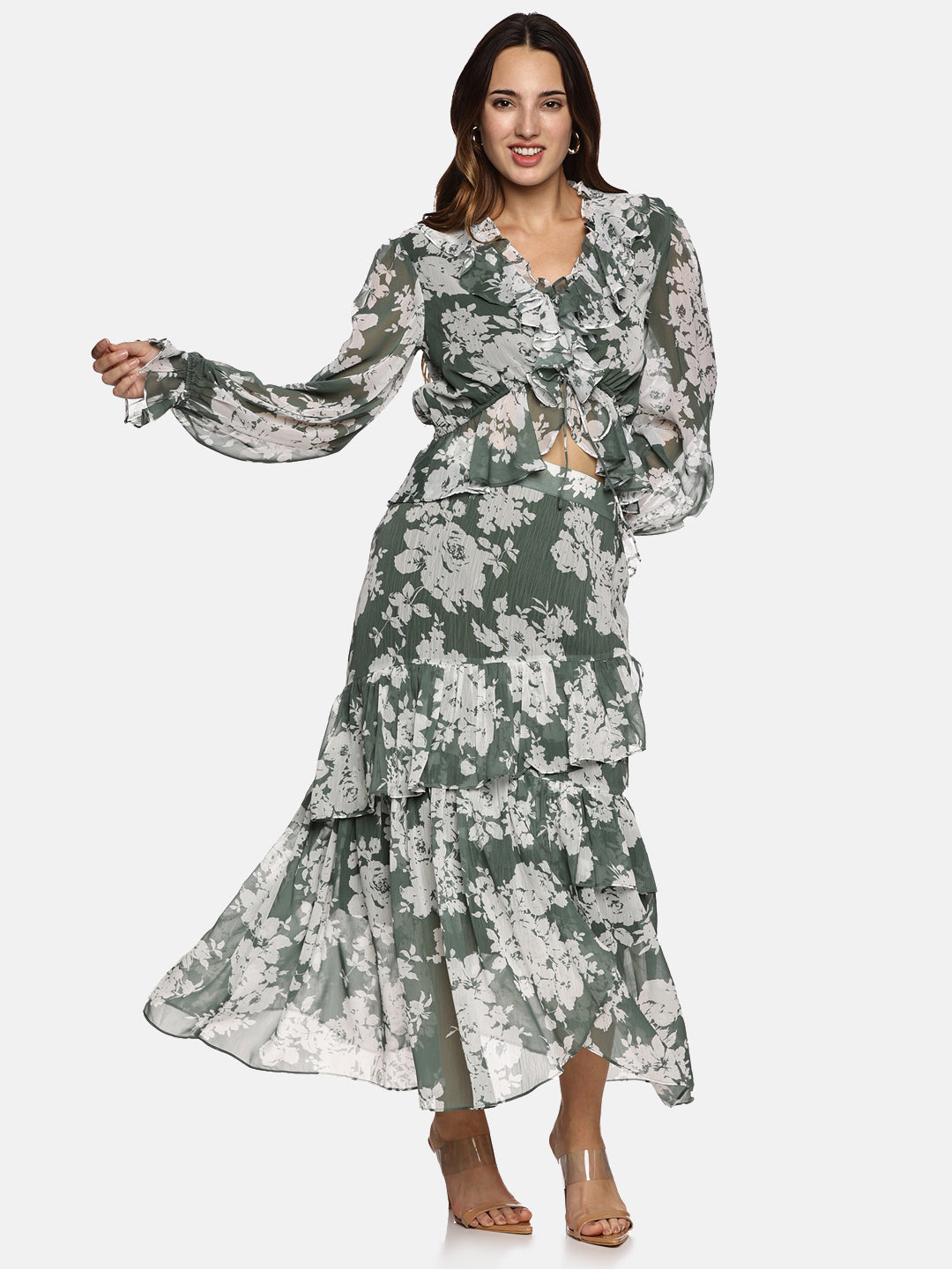 IS.U Floral Green Skirt and Top Co-ord set