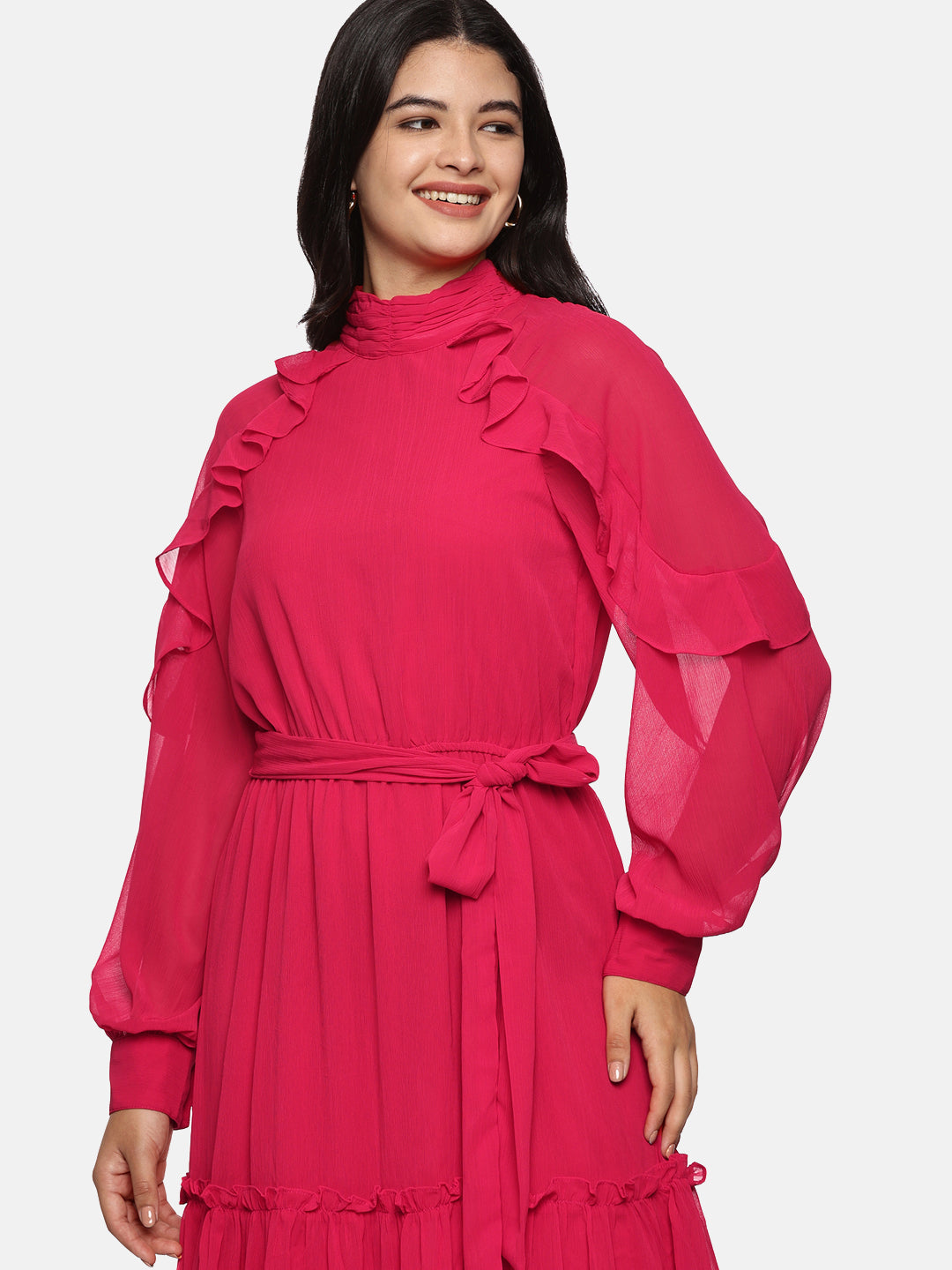 IS.U Pink Ruffled Blouson Sleeve Dress