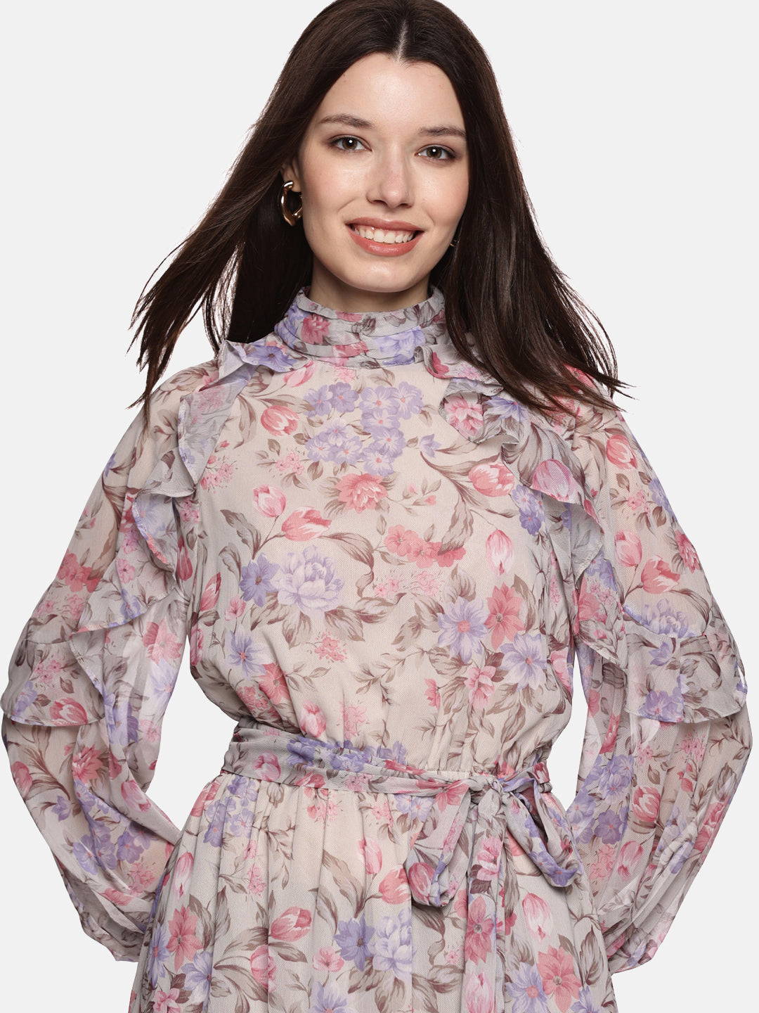 IS.U Floral Multicolored Ruffled Blouson Sleeve Dress