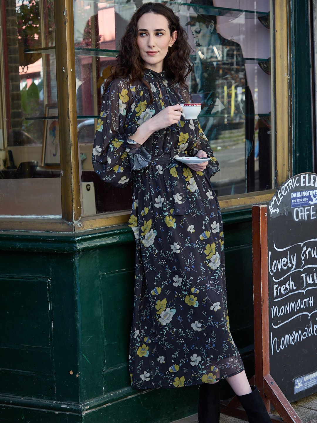 IS.U Floral Black Belted Blouson Sleeve Dress