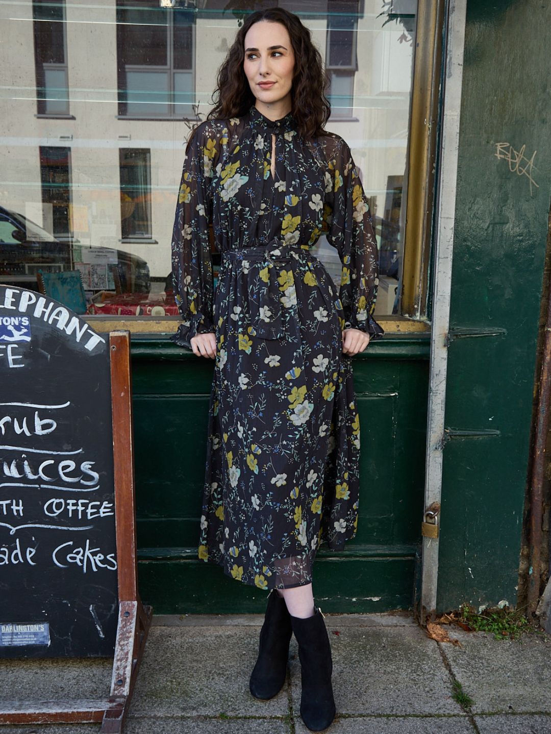 IS.U Floral Black Belted Blouson Sleeve Dress