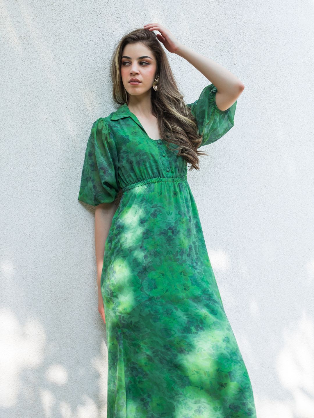 IS.U Floral Green Shirt Collared Maxi Dress