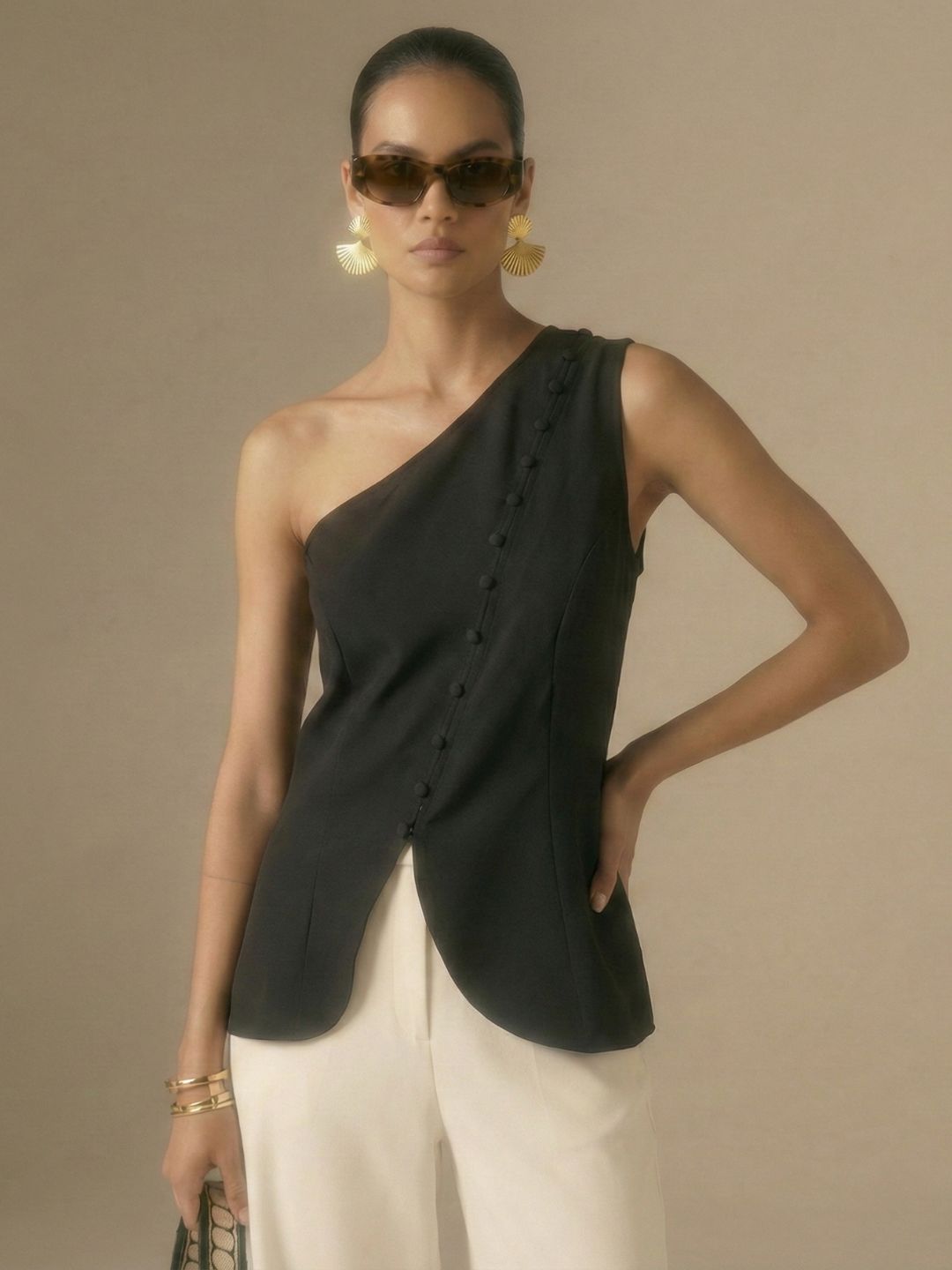 Buy Black One-Shoulder Button Down Vest Top Online | IS.U