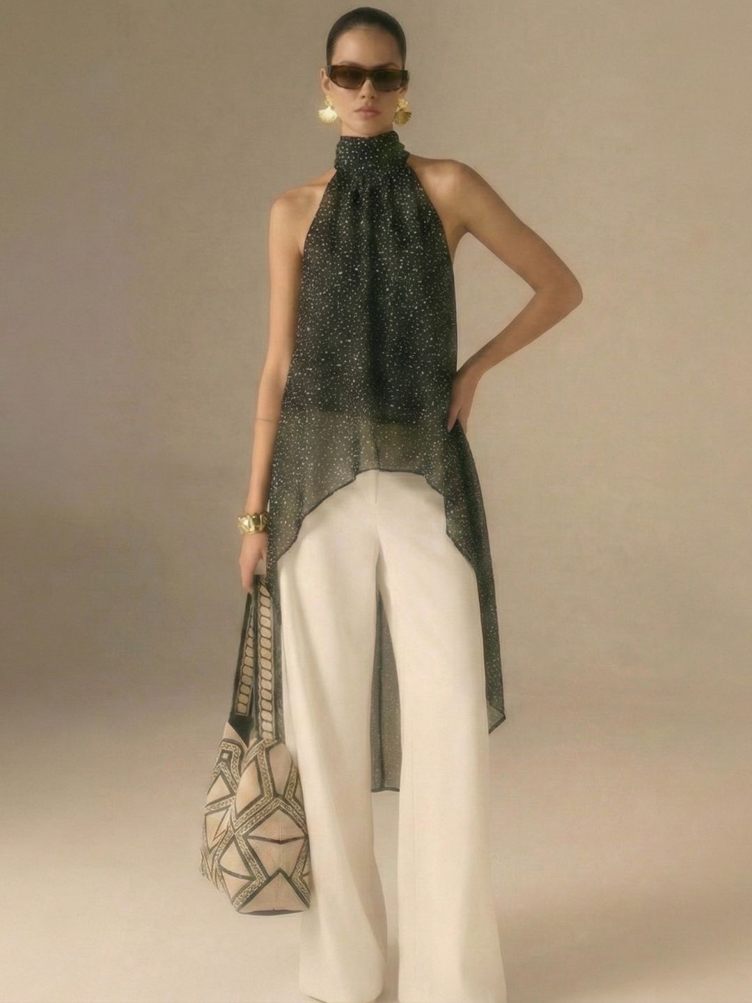 IS.U Black Halter-Neck Chiffon Long Top