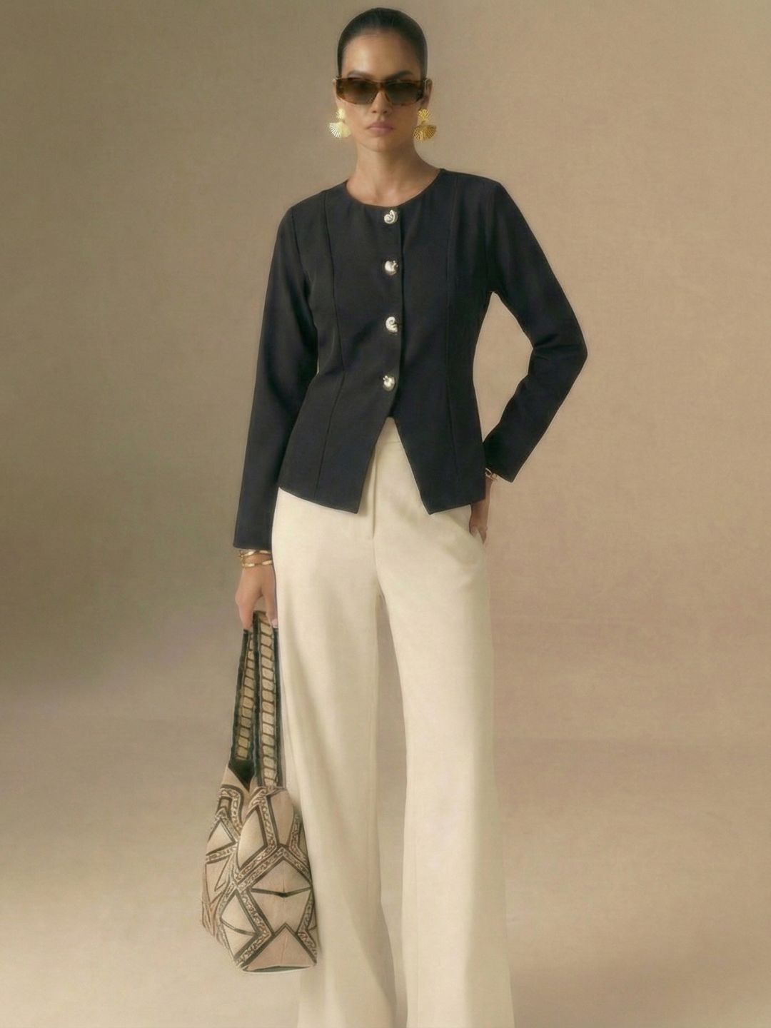 IS.U Black Button-Front Jacket Top