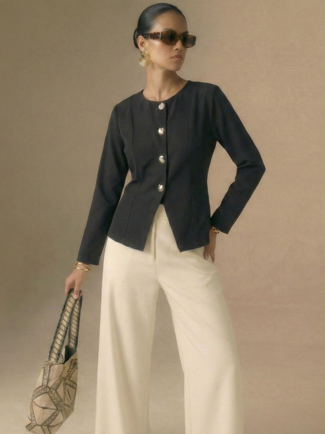 IS.U Black Button-Front Jacket Top