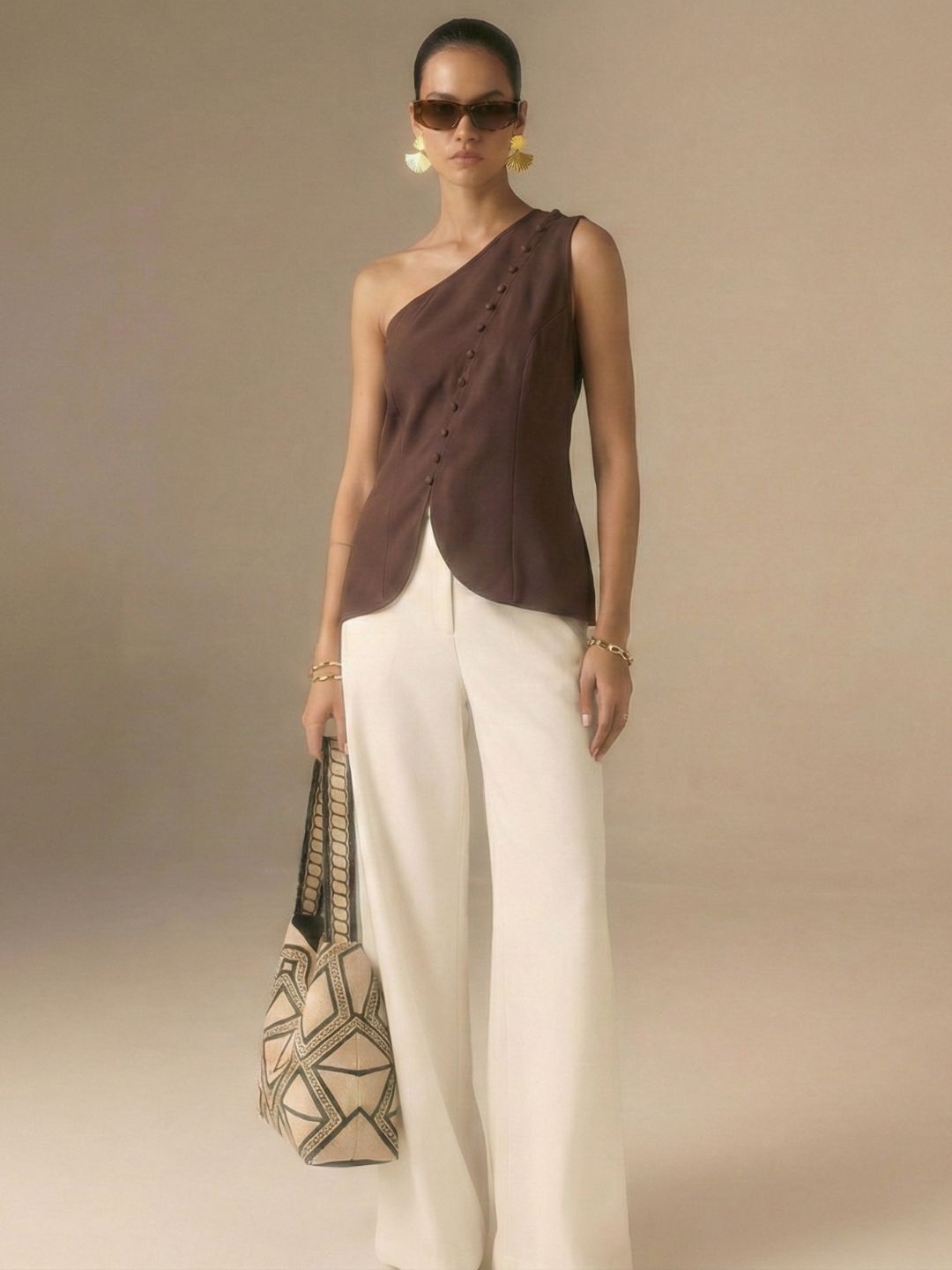 IS.U Brown One-Shoulder Button Down Vest