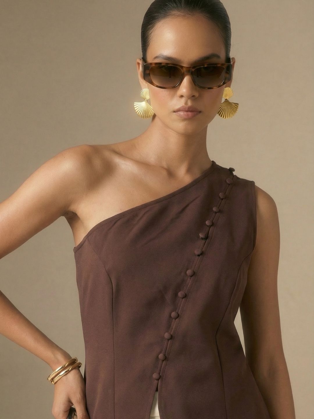 IS.U Brown One-Shoulder Button Down Vest