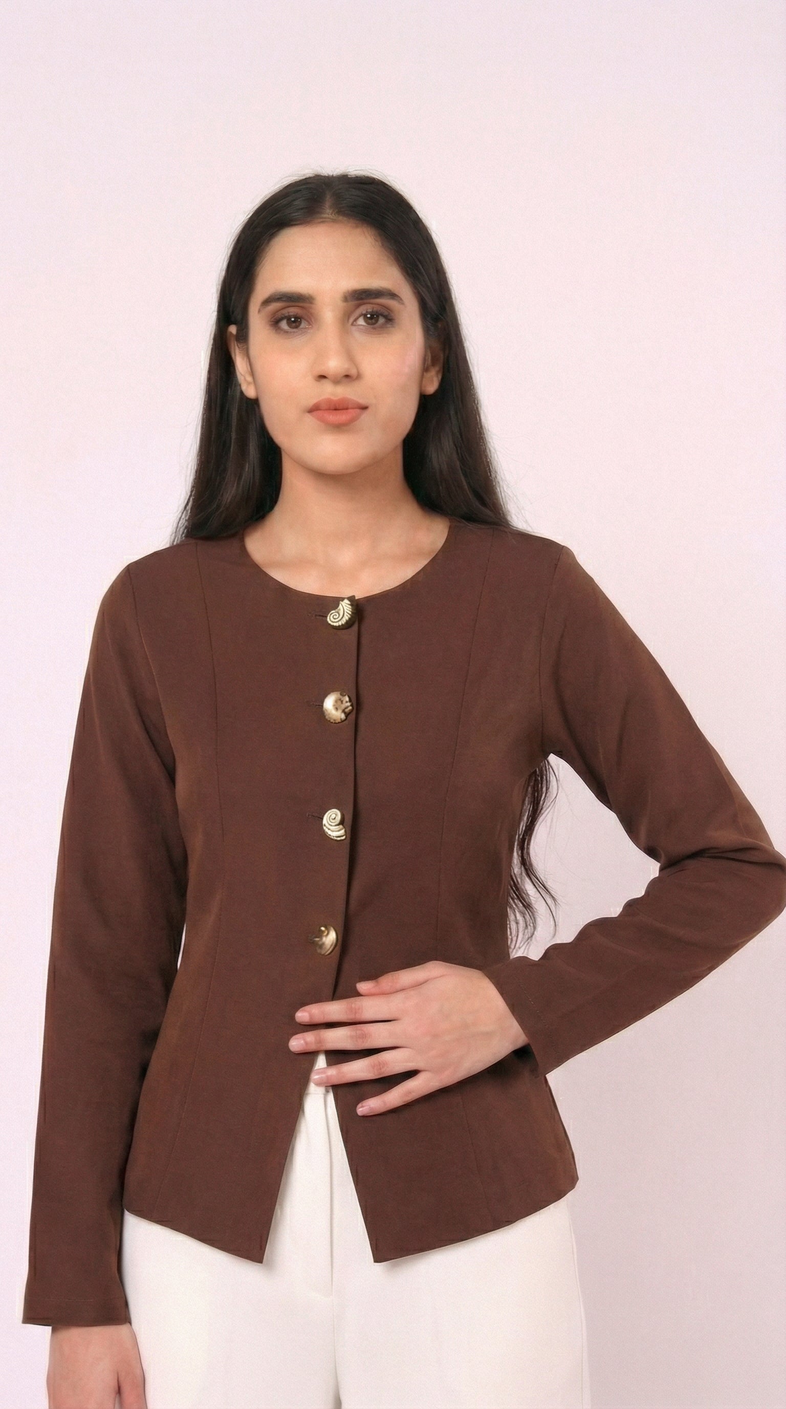 IS.U Taupe Button-Front Jacket Top