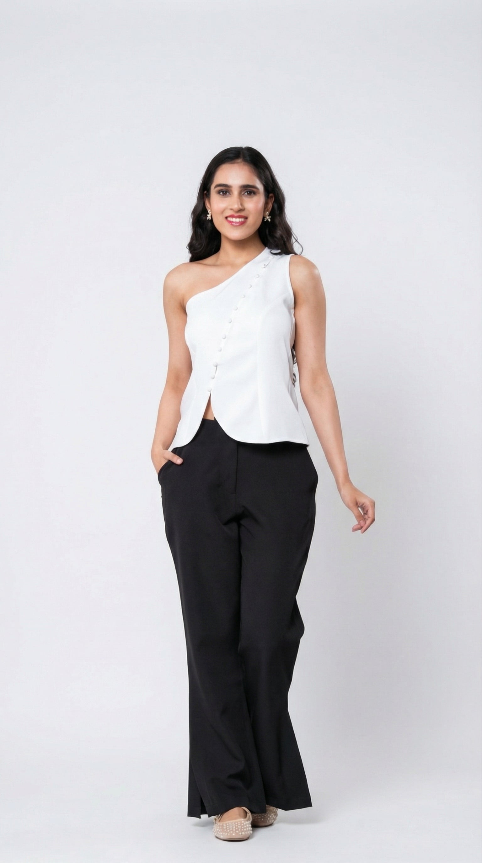 IS.U White One-Shoulder Button Down Vest