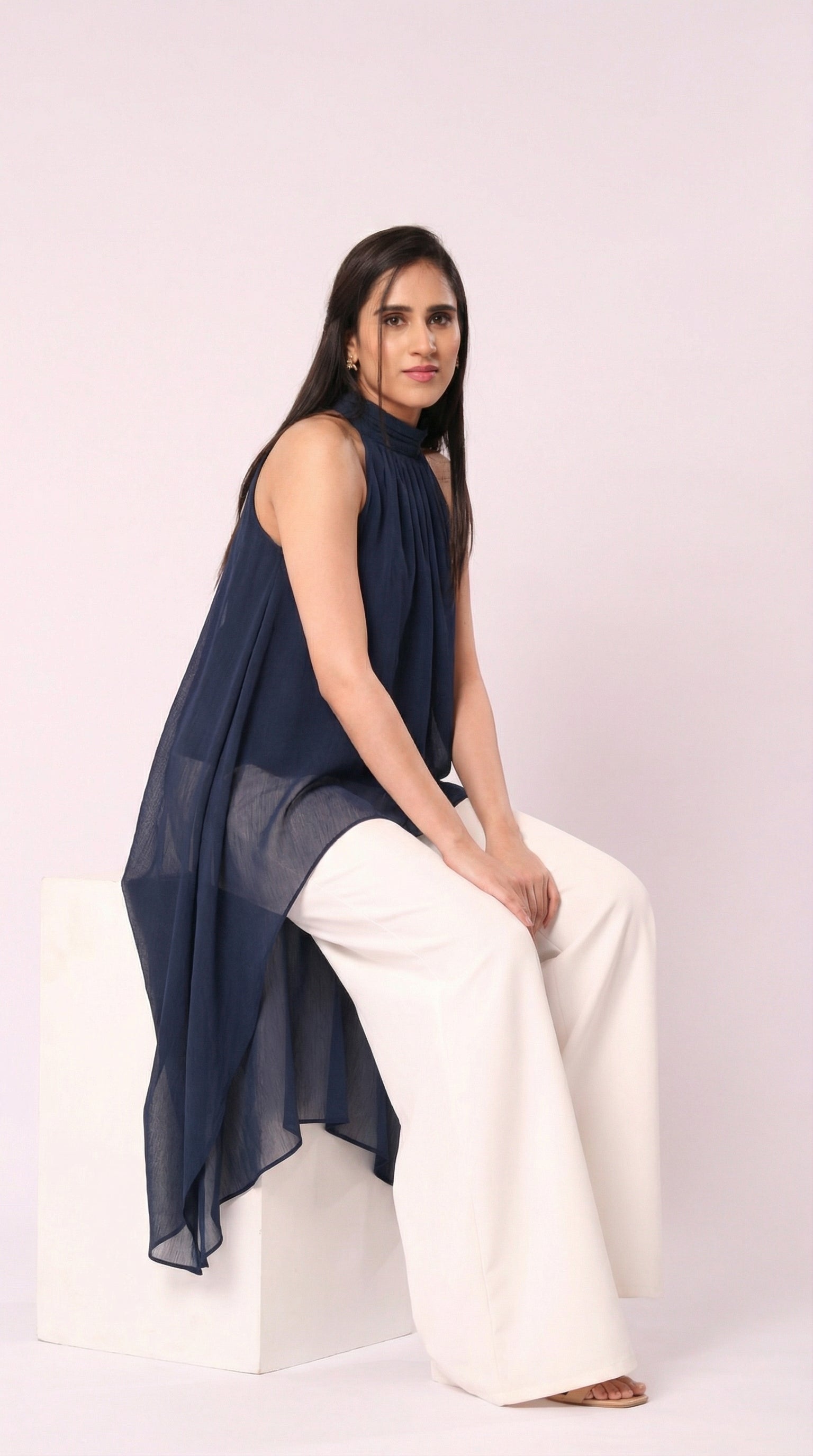 IS.U Blue Halter-Neck Chiffon Long Top