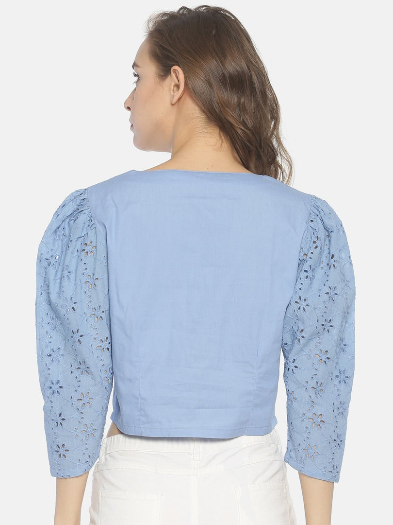 IS.U Blue Schiffli Sleeve Crop Top