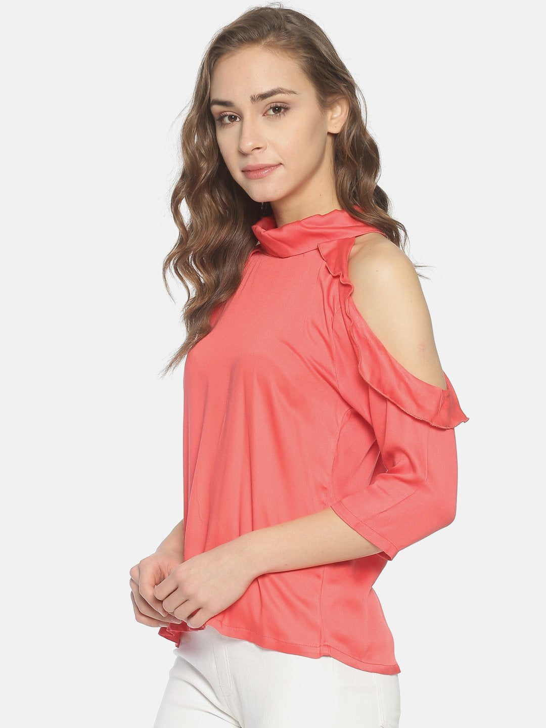 IS.U Coral Cold Shoulder Top