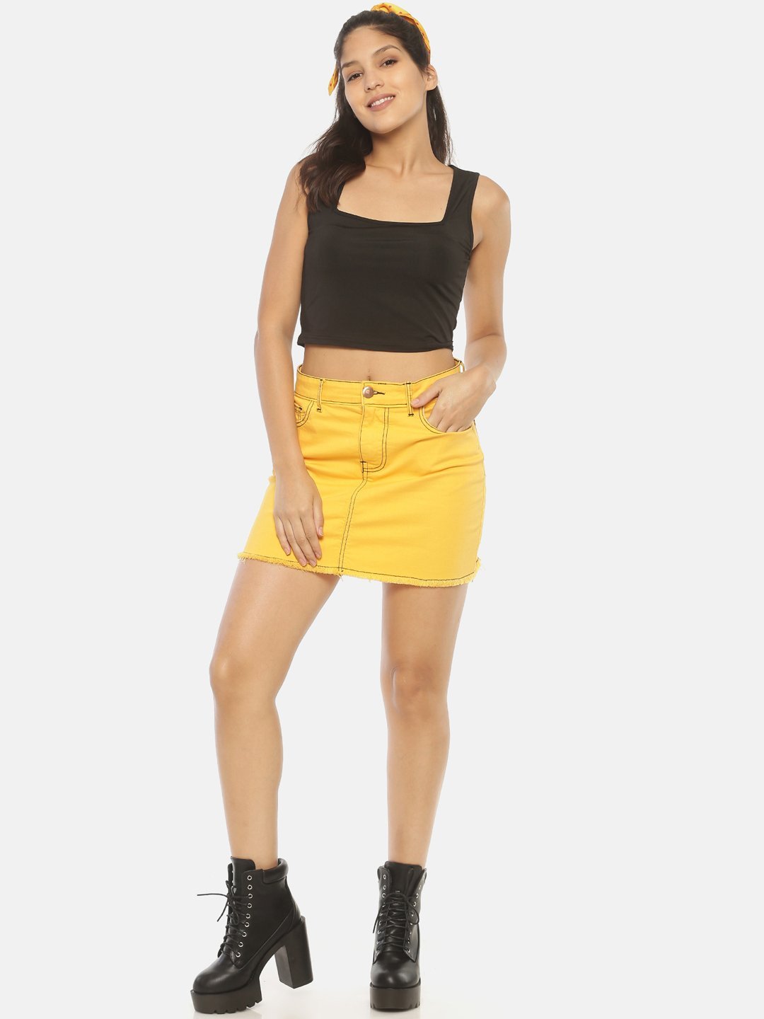 Jean skirt outfit top yellow