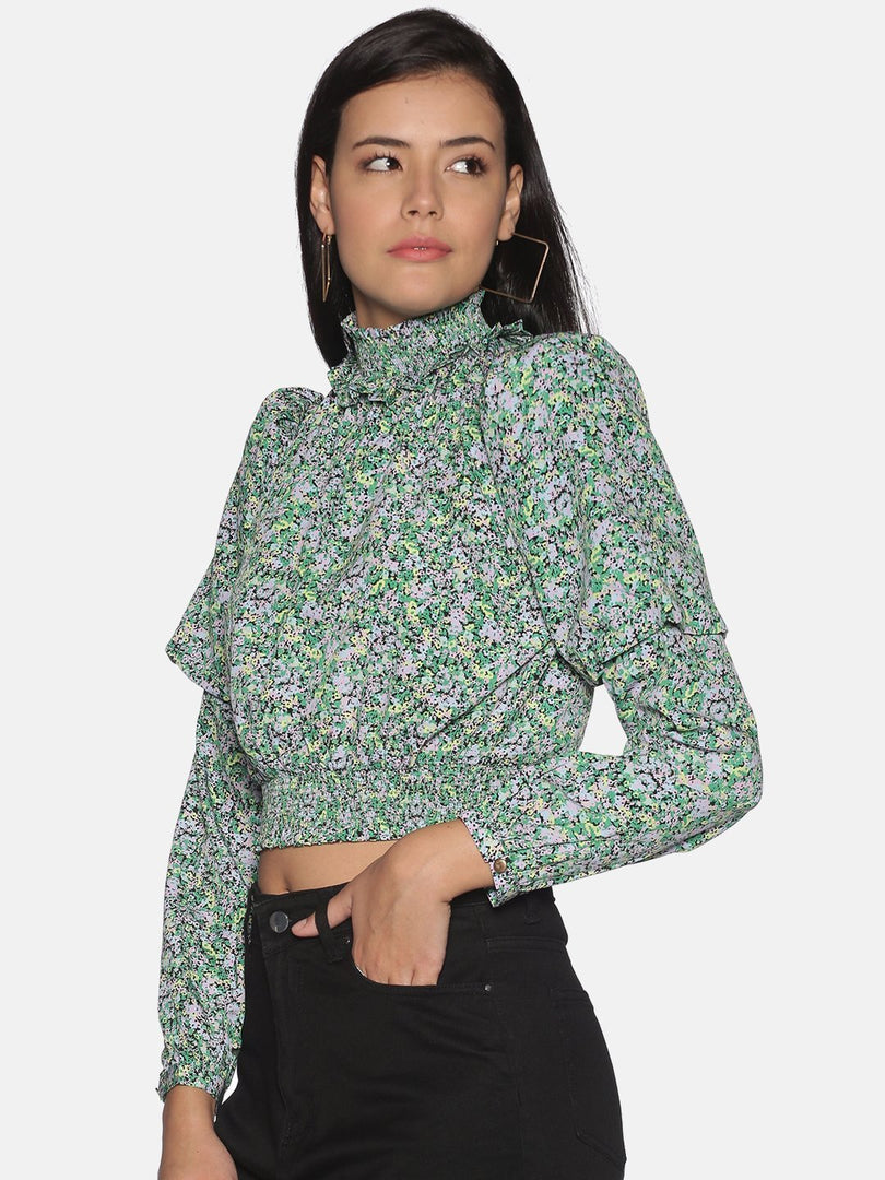 IS.U Green Floral Smocked Top