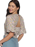 Load image into Gallery viewer, IS.U Multicolor Floral Puff Sleeve Smocked Crop Top