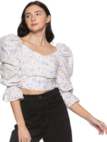 Load image into Gallery viewer, IS.U Blue Floral Long Sleeve Wrap Crop Top
