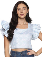 Load image into Gallery viewer, IS.U Blue Floral Ruffle Sleeve Crop Top
