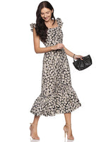 Load image into Gallery viewer, IS.U Black Floral Ruffled Shoulder Midaxi Dress