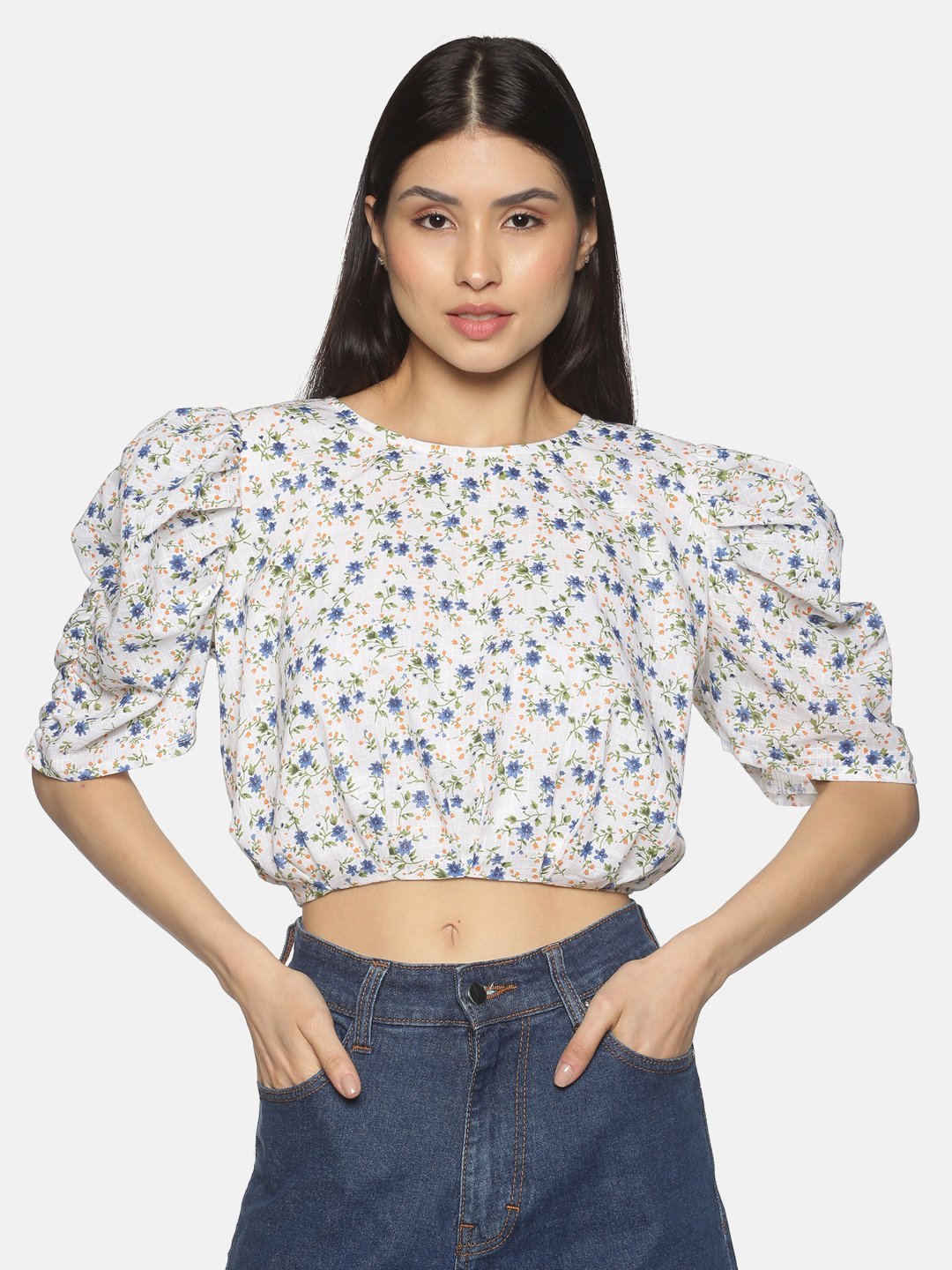 White Polyester Puff Sleeve Back Tie Up Crop Top For Women In