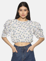 Load image into Gallery viewer, IS.U White Floral Puff Sleeve Back Tie-Up Crop Top