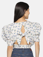 Load image into Gallery viewer, IS.U White Floral Puff Sleeve Back Tie-Up Crop Top