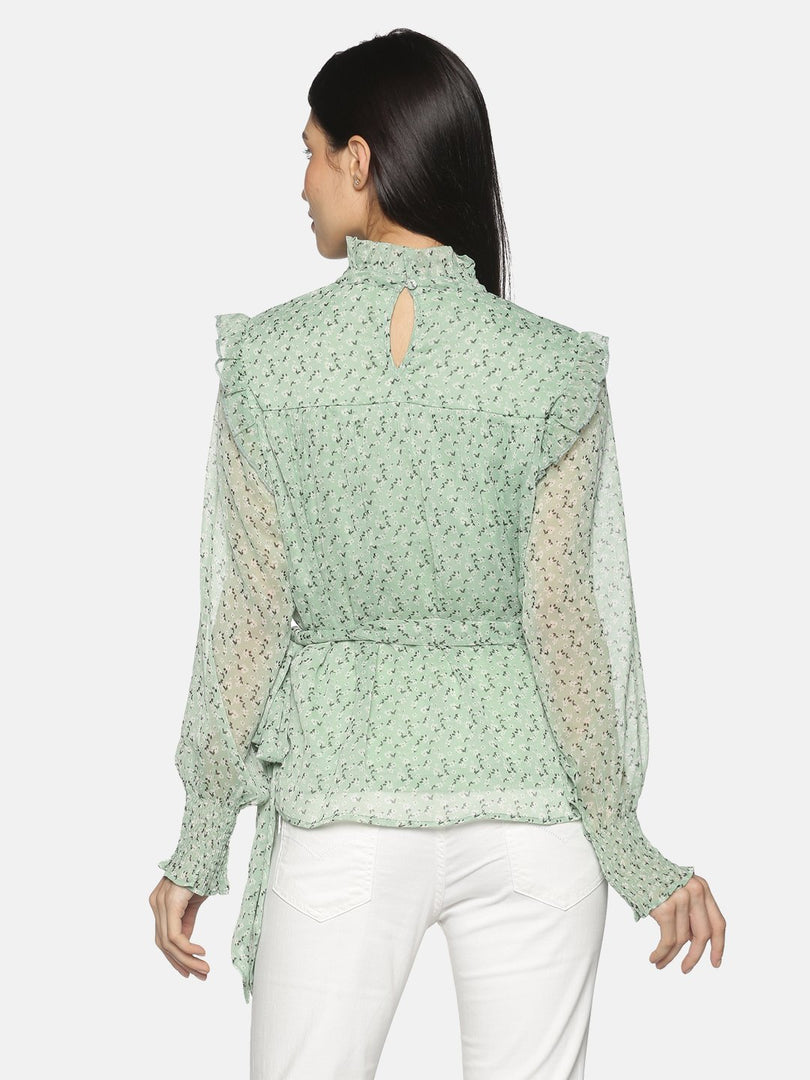 IS.U Green Floral Long Sleeve Belted Swing Top