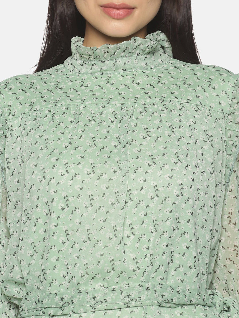 IS.U Green Floral Long Sleeve Belted Swing Top