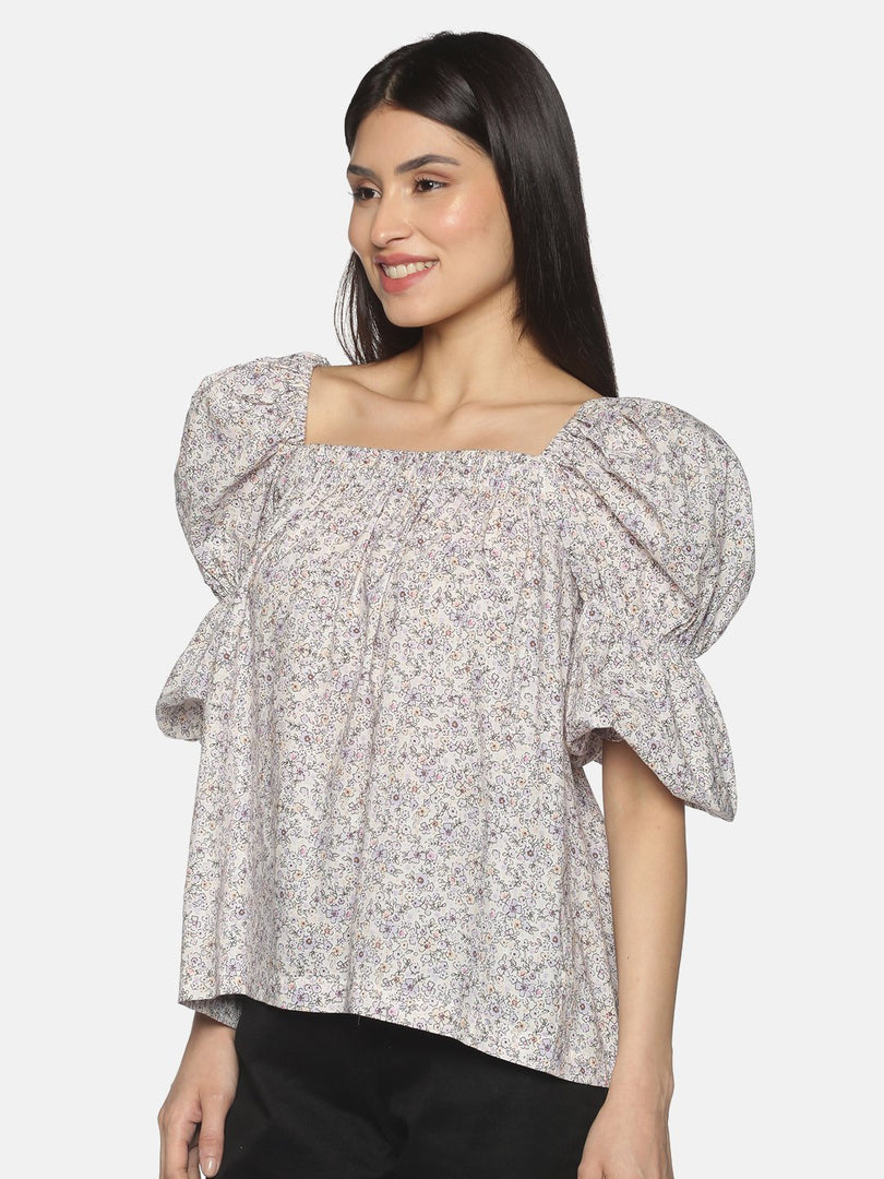 IS.U Lilac Floral Puff Sleeve Swing Top