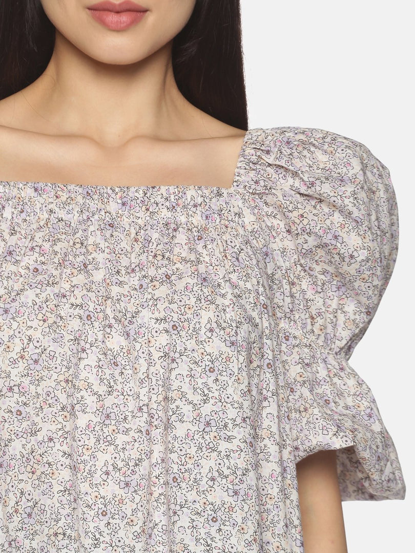 IS.U Lilac Floral Puff Sleeve Swing Top