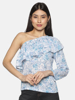 Load image into Gallery viewer, IS.U Blue Floral One-shoulder Ruffle Top