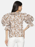 Load image into Gallery viewer, IS.U Brown Floral Balloon Sleeve Relaxed Fit Top