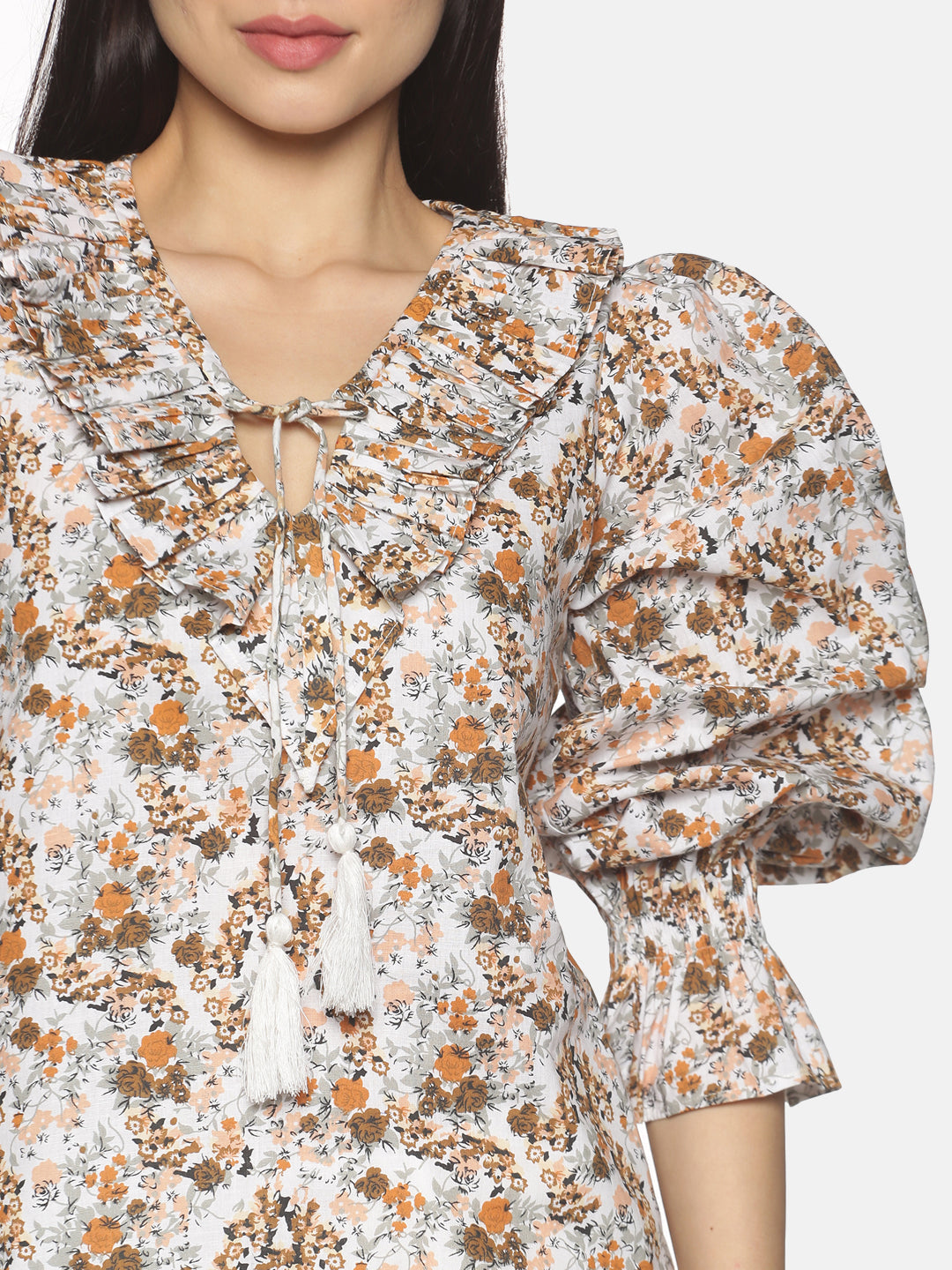 IS.U Brown Floral Balloon Sleeve Relaxed Fit Top