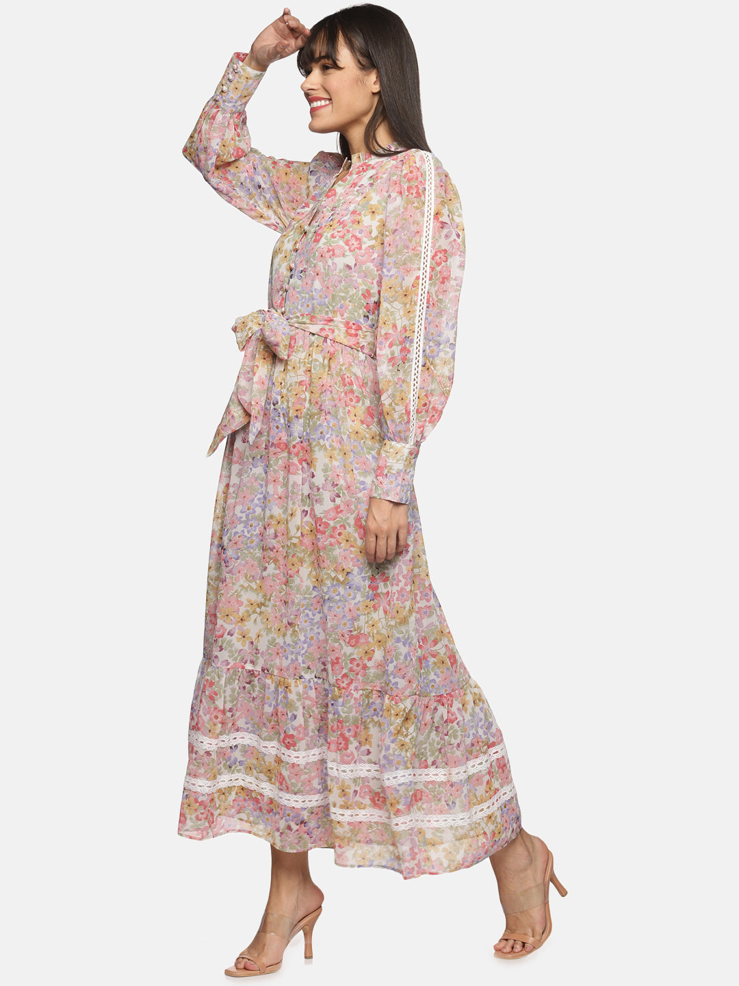 IS.U Multicolor peasant sleeve button down long dress with lace