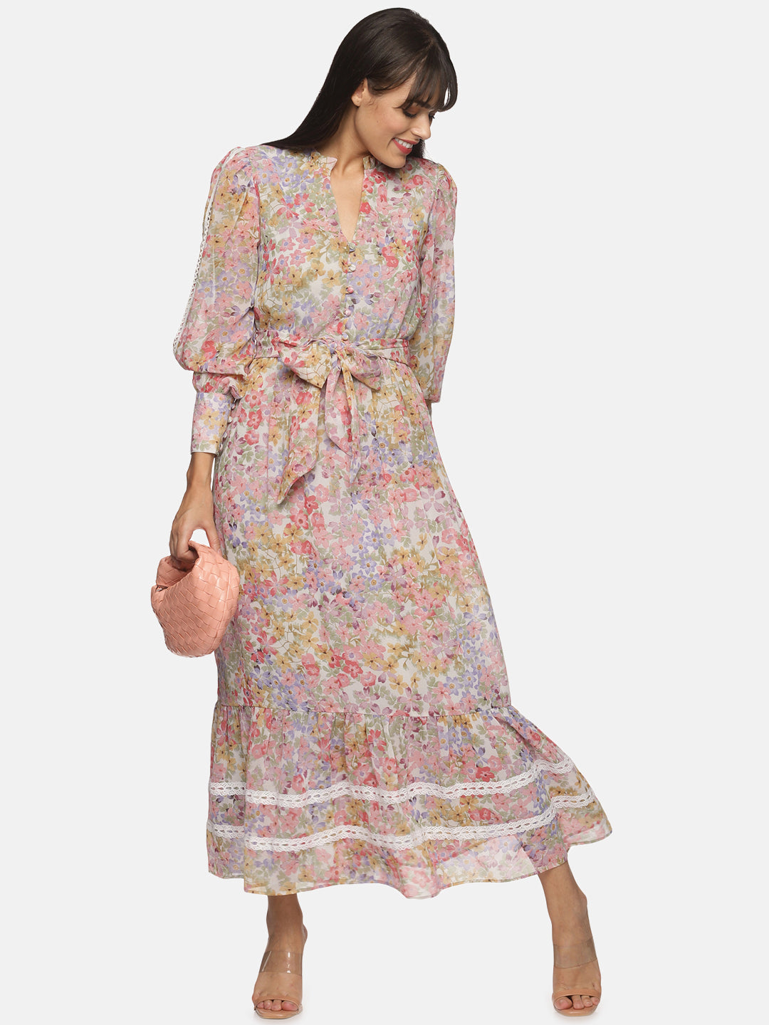 IS.U Multicolor peasant sleeve button down long dress with lace