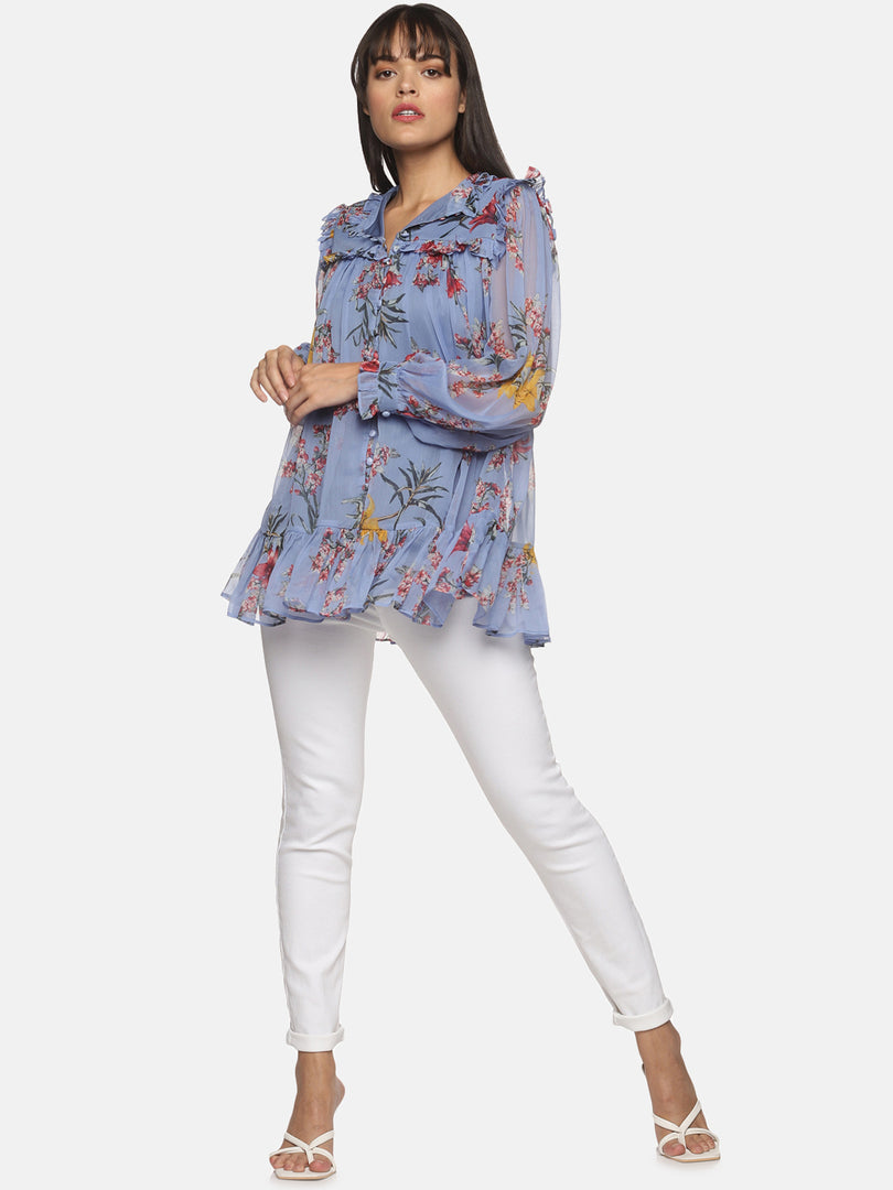 IS.U Blue floral printed full sleeve ruffle top