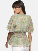 Load image into Gallery viewer, IS.U Green layered bell sleeve smocked top
