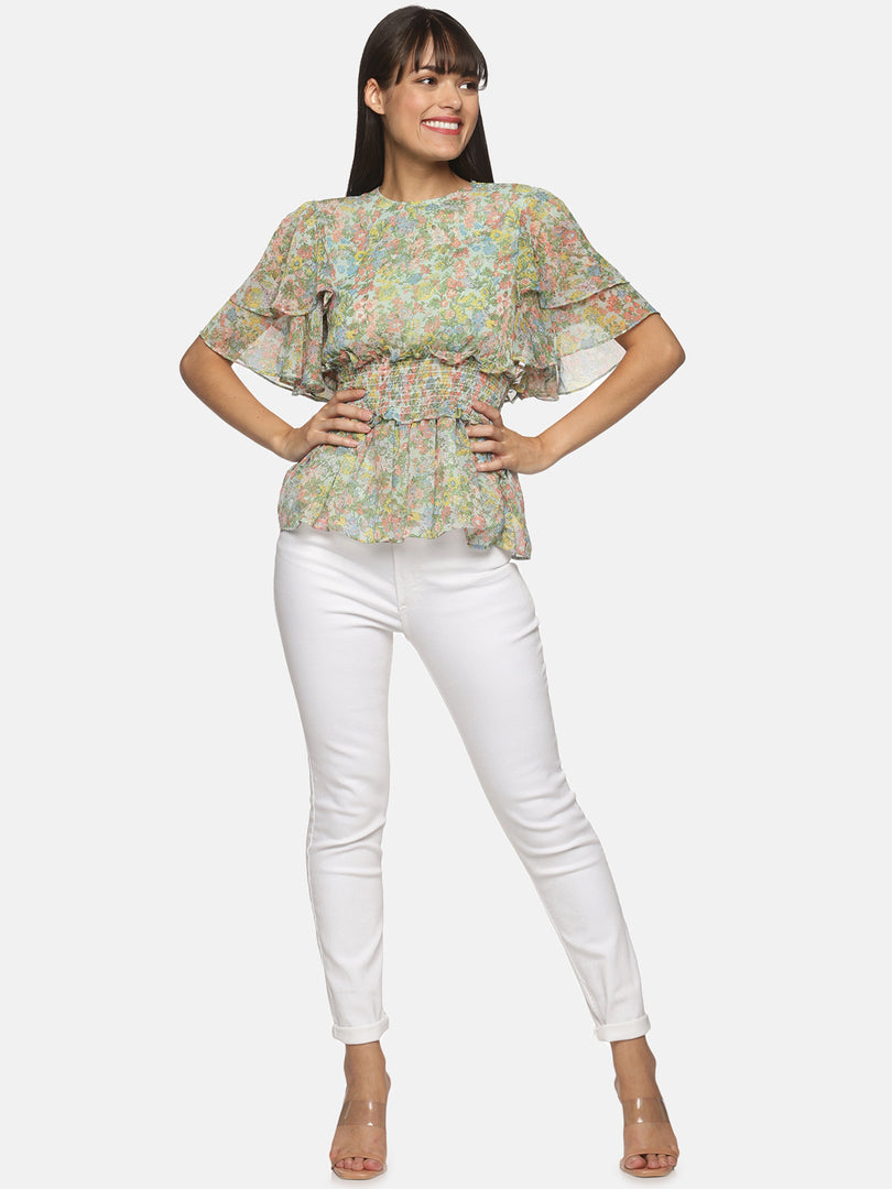 IS.U Green layered bell sleeve smocked top