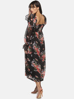Load image into Gallery viewer, IS.U Black floral Balloon Sleeve Midaxi Dress
