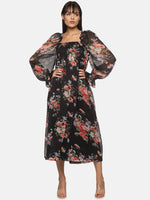 Load image into Gallery viewer, IS.U Black floral Balloon Sleeve Midaxi Dress