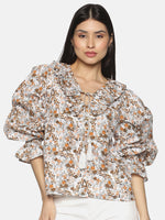 Load image into Gallery viewer, IS.U Brown Floral Balloon Sleeve Relaxed Fit Top