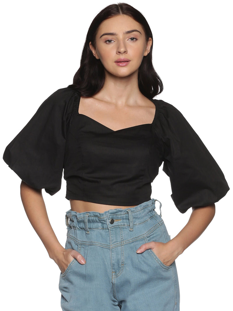 IS.U Black Puff Sleeve Smocked Crop Top
