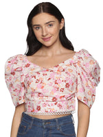 Load image into Gallery viewer, IS.U Pink Floral Puff Sleeve Wrap Crop Top