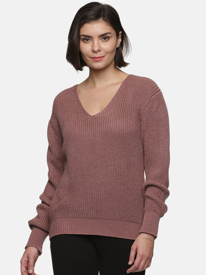 IS.U Light Brown Knitted V-neck Sweater