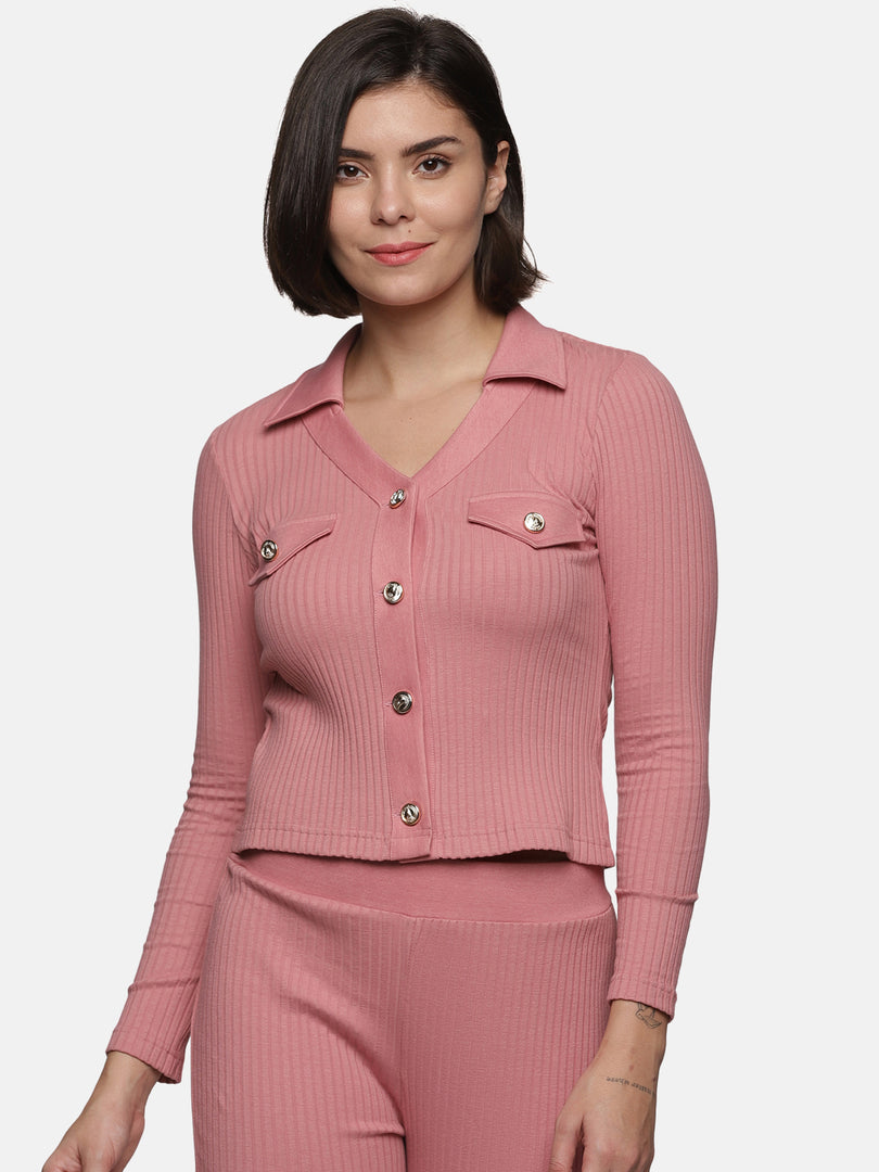 IS.U Mauveglow Collared V-neck Rib Top