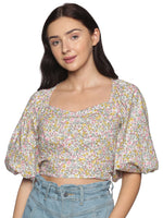 Load image into Gallery viewer, IS.U Multicolor Floral Puff Sleeve Smocked Crop Top
