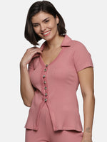 Load image into Gallery viewer, IS.U Mauveglow V-neck Button Down Rib Top
