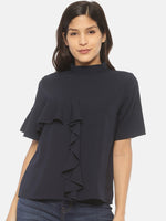 Load image into Gallery viewer, IS.U Navy High Neck Ruffle Top
